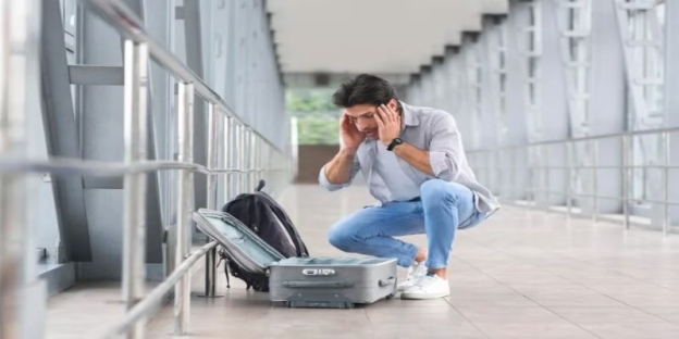 A person kneeling in front of a suitcase AI-generated content may be incorrect.
